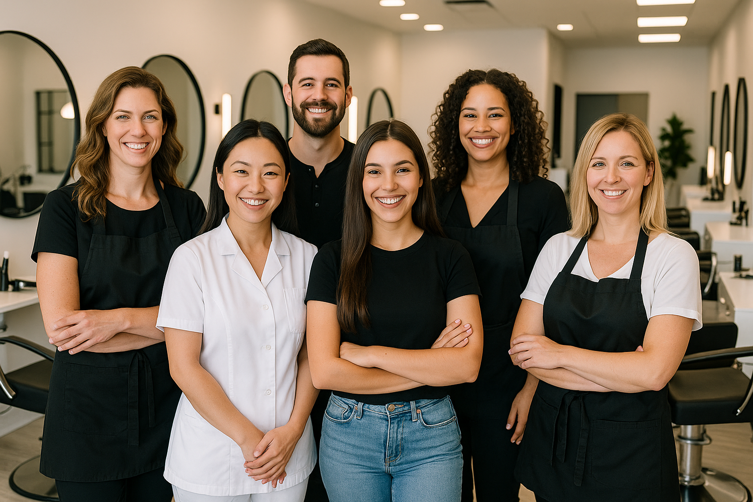 Beauty salon workers (white people) happily posing for photo. 
