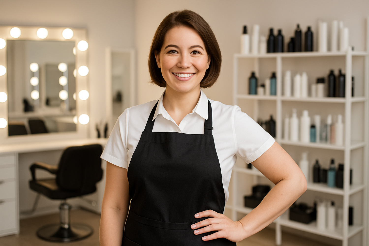 solo beauty salon worker happily posing for photo